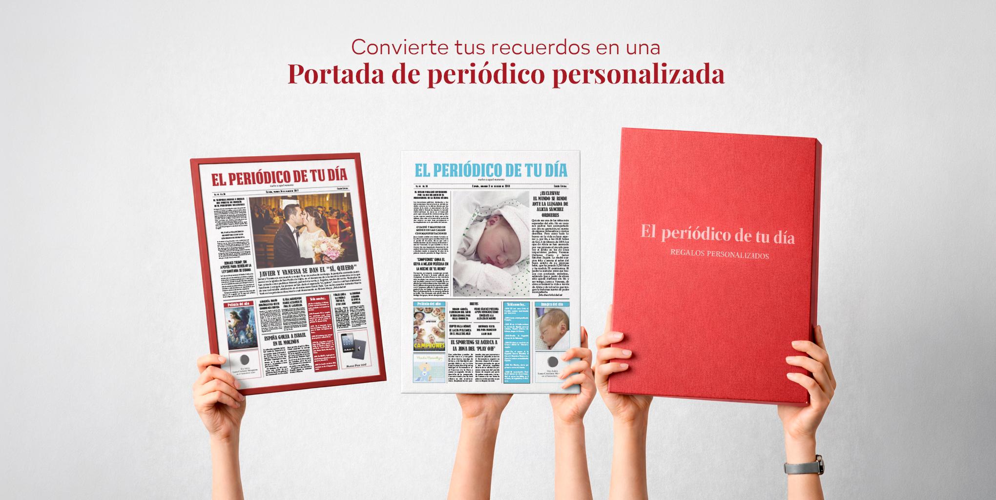 Tres portadas personalizadas sostenidas en alto: una boda enmarcada, un nacimiento y la caja de regalo roja